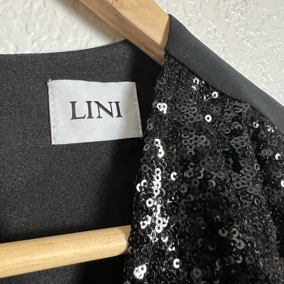 LINI Black Stella Sequin Faux Wrap Surplice Long Sleeve Party Jumpsuit Size XS